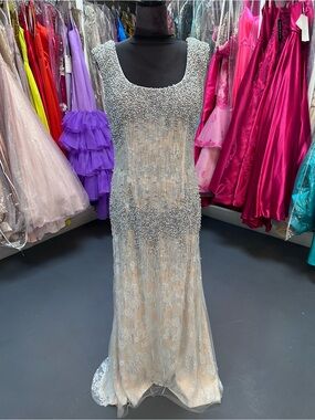 Beaded Silver Evening Prom Dress with Scoop Neck